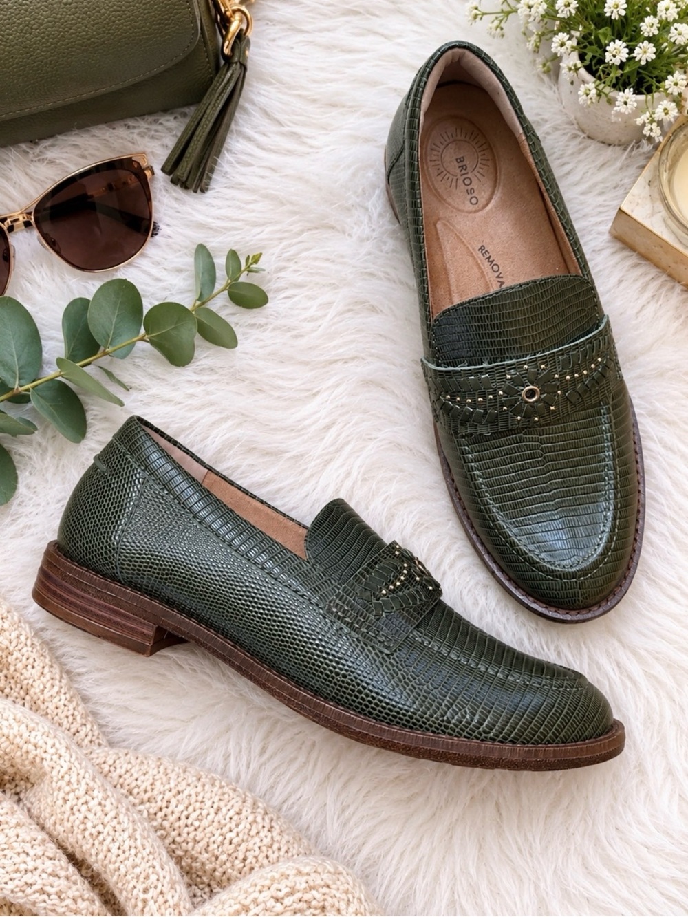 Olive Green Embossed Leather Loafers